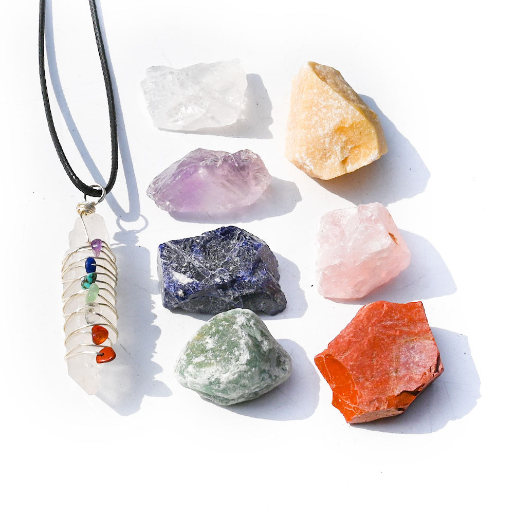 Healing Natural Crystal Raw Stone Winding Colorful Pendant Set