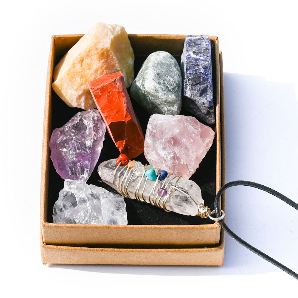 Healing Natural Crystal Raw Stone Winding Colorful Pendant Set