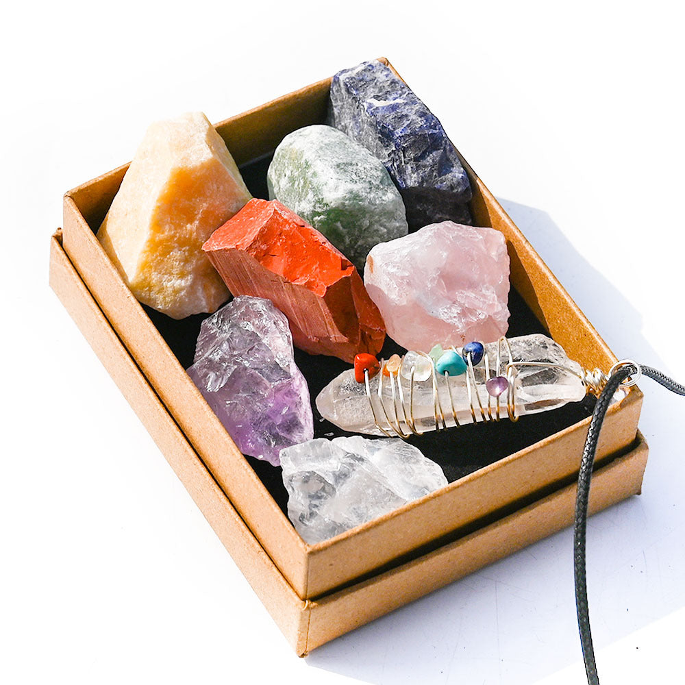 Healing Natural Crystal Raw Stone Winding Colorful Pendant Set